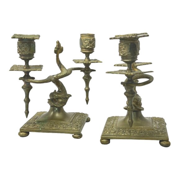 Pair of Antique Brass Asian Dragon/ Koi Fish Double Candle Holders 7" H x 8" W - Picture 2 of 12